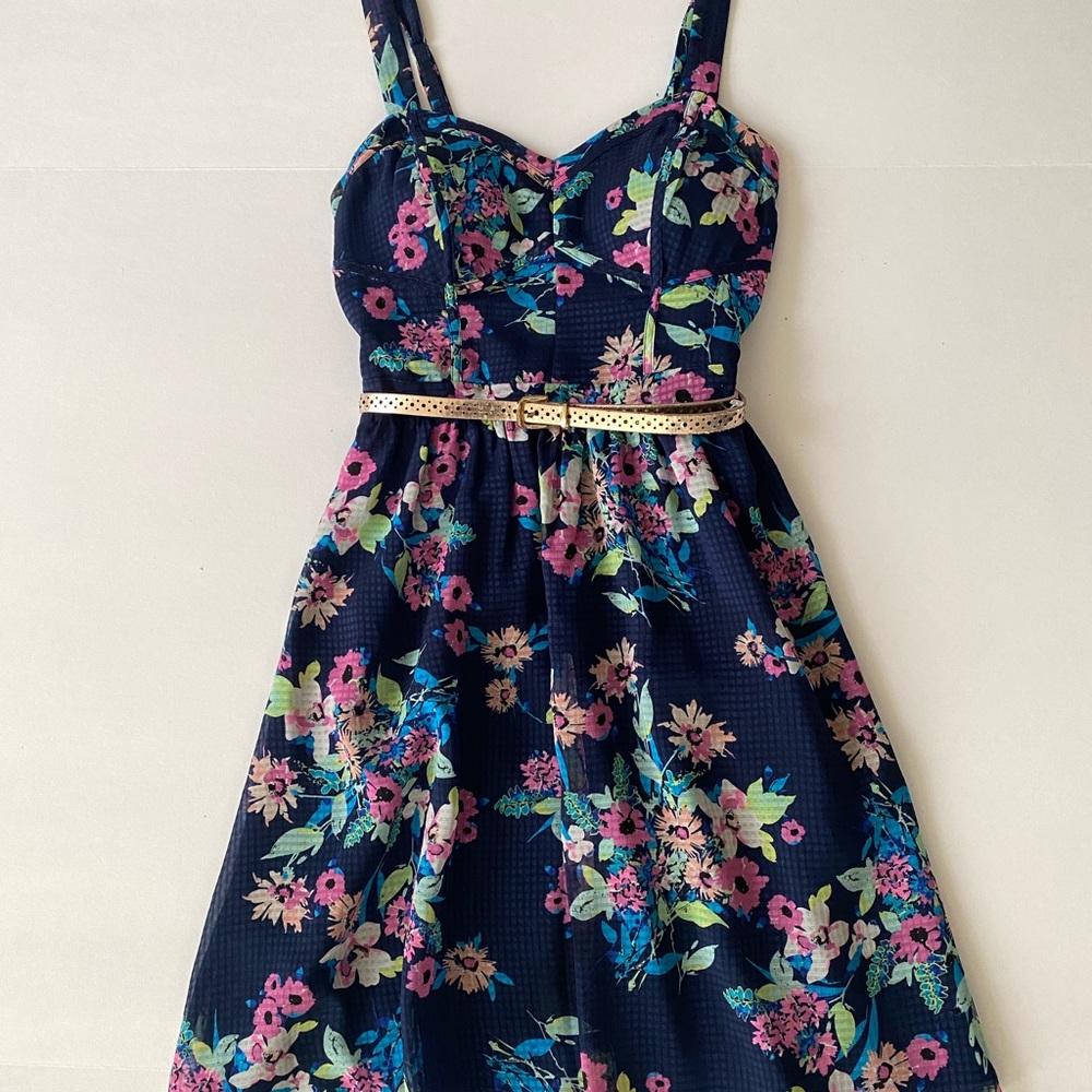 Candie's Floral Navy Dress with Pink and Green Accents